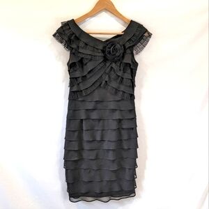 Vintage London Times Ruffle Tiered Little Black Dress with Floral Applique Sz6
